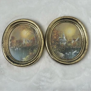Vintage Homco Church on Lake with Swans Gold Oval Framed Print Art Gallery Wall - Picture 1 of 6