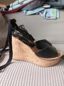 Topshop Black Leather High Heel/Wedge Sandals/Shoes Size 5, New - Picture 1 of 14