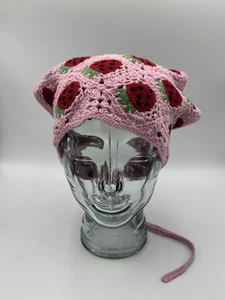 Forever 21 Crochet Strawberry Bandana Headscarf Kerchief Pink Cottagecore Y2K - Picture 1 of 8