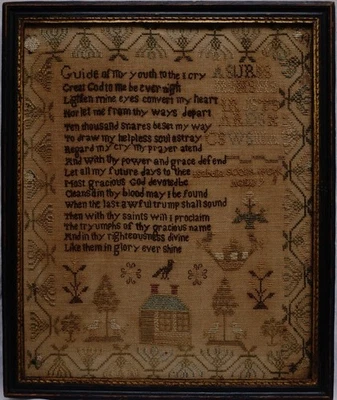 EARLY 19TH CENTURY HOUSE, MOTIF & VERSE SAMPLER BY ISABELLA SCOTT AGE 9 - c.1830 - Image 1 of 4