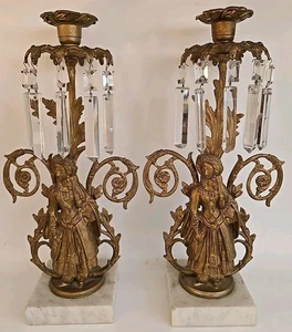 2 Girandole Brass Candle Holders w/ Marble base & Crystal Prisms Read Item Desc - Picture 1 of 5