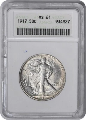 1917 Walking Liberty Silver Half Dollar MS61 ANACS - Image 1 of 2