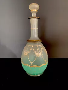 Vintage Mid Century Frosted Glass Decanter With Gold And Green Detailing - Picture 1 of 9