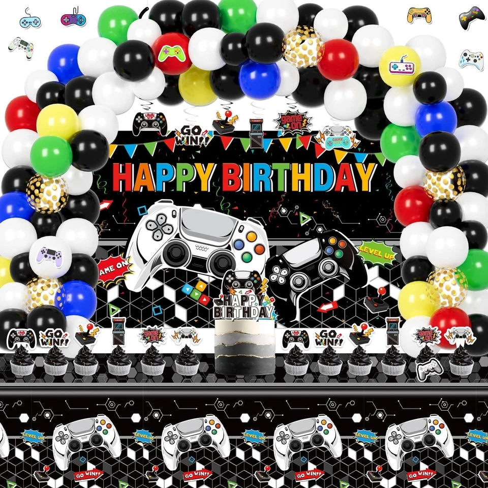 Decoraciones de fiesta de cumpleaños para jugadores - 174 piezas Videojuego en blanco y negro Foto 1 de 4
