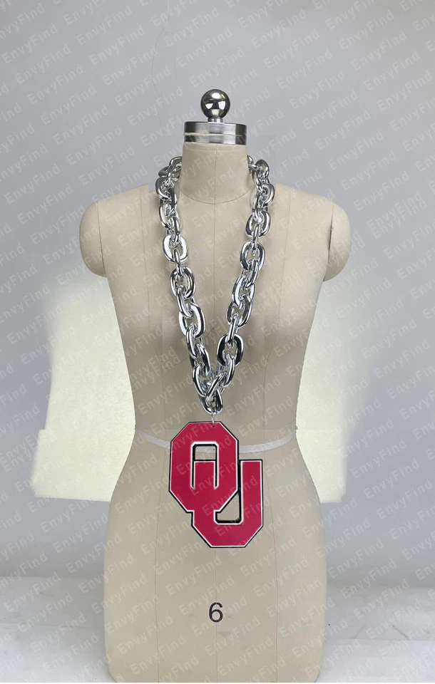 New OKLAHOMA SOONERS  Jumbo Silver Big Fan Chain Necklace Foam USA COL - Image 1 of 4