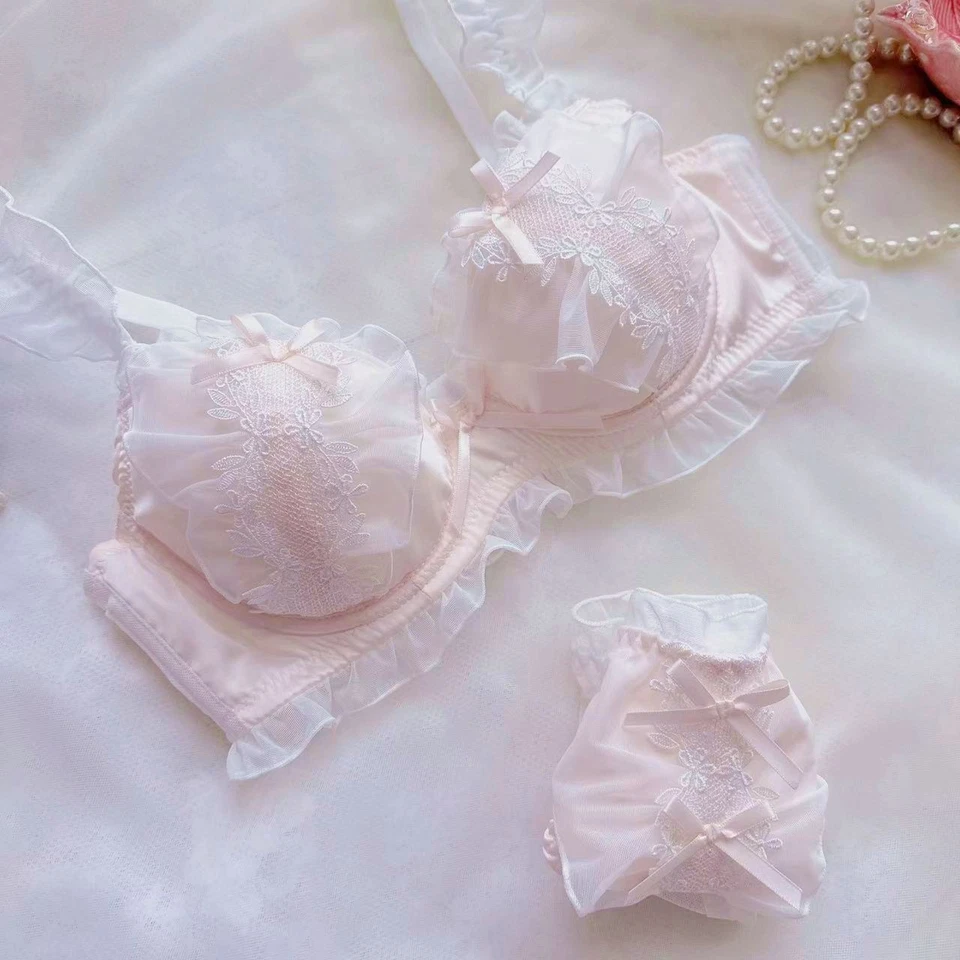 32 34 36 38 40 B C D E 3/4 Thin Cup Pink Bra Set Ruffle Panties Green Underwear - Image 1 of 4