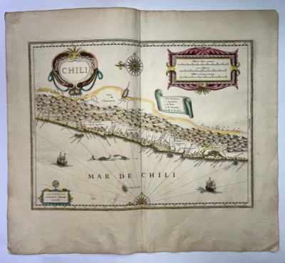MAPA ANTIGUO GRANDE CHILE c. 1640 WILLEM JANSZOON AZUL SIGLO XVII Foto 1 de 4