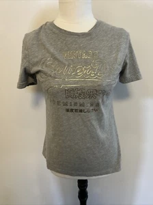 Superdry Shirt Womens Sz 6 grey slim fit Casual T shirt Top Silver Logo EUC - Picture 1 of 6