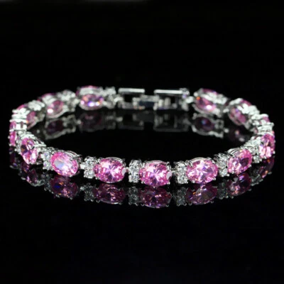 New Shinny Oval Cut Pink Topaz Girls Jewelry Gemstone Women Silver Bracelets - Image 1 of 4