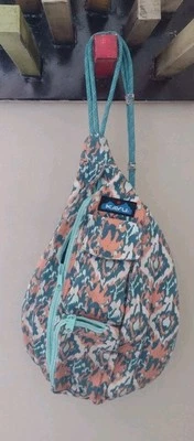 KAVU Rope Sling Crossbody Canvas Bag Blue Pink Geo Travel Buckle Pockets - Image 1 of 4