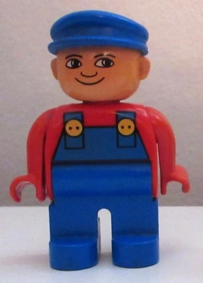 LEGO Duplo Minifigure Vintage Male Blue Overalls Blue Hat & Red Top 2.5" Figure - Image 1 of 4