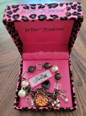 Pulsera Betsey Johnson Corazón Dorado Pájaro Dije Cuentas Leopardo Caja Nueva con Etiquetas Foto 1 de 4