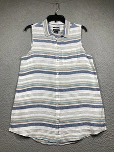 JNY Top Women’s Medium Blue Striped Linen Sleeveless Button Up Coastal Beachy - Picture 1 of 12