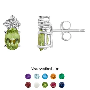 14K White Gold 6x4mm Oval Genuine Natural Peridot 1/10 CTW Diamond Stud Earrings - Picture 1 of 4