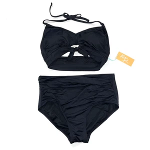 KONA SOL 2pc Swim Set Black Bikini Set Size M Top High Gathered Waist Bottom NWT - Picture 1 of 9
