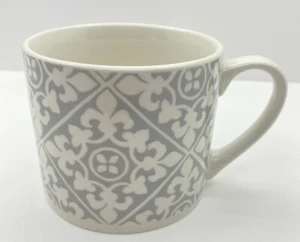 FIORELLA Gray & White Mug / Cup ~ Fleur-de-lis Pattern ~ Large 16 oz ~ EUC   - Picture 1 of 8