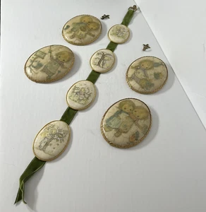VTG Precious Moments Decoupage Plaster Wall Set of 8 Ovals (4 on Ribbon) Cottage - Picture 1 of 12