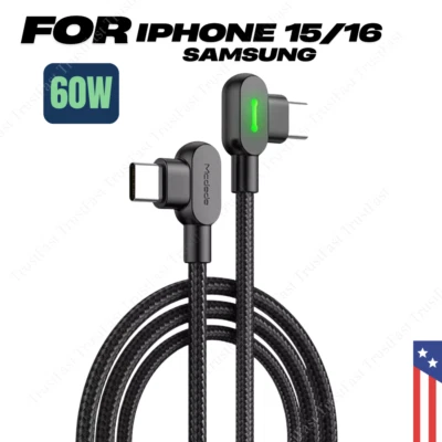 PD 60W Fast Charger USB C to USB C Type-C Cable 6FT 3A LED Elbow Nylon Data Cord - Image 1 of 4