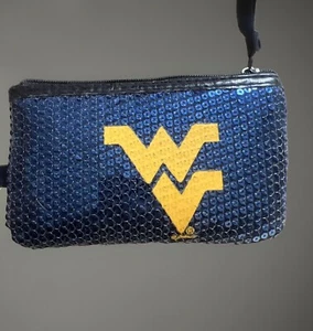 WV kleine Geldbörse Reißverschluss West Virginia blau Pailletten gold fliegend WV Etui - Bild 1 von 9