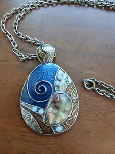 VTG Lia Sophia Inlay Mother of Pearl Silver Cloisonne Enamel Pendant Necklace 23 - Picture 1 of 3