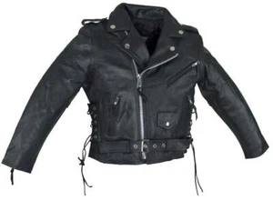 Teen's Jacket Leather Motorcycle Black Snap Down Collar Top Grade Leather Laces - Picture 1 of 5