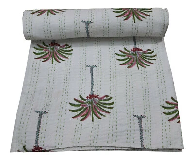  Palm Tree Indian Handmade Printed  Kantha Quilt Bedspread Blanket Throw Decor  - Image 1 of 4