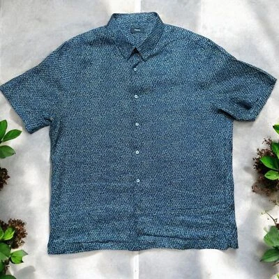 Theory Basic Fit Big & Tall Linen Blue Yellow Geometric Button Front Shirt XXL - Image 1 of 4