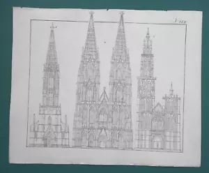 ARCHITEKTUR Gotische Kathedralen Köln Antwerpen Freiburg -1835 Antiker Druck - Bild 1 von 2