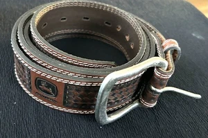John Deere Belt Mens 46-48 Brown Black Basketweave Tooled Leather Western Stitch - Picture 1 of 5