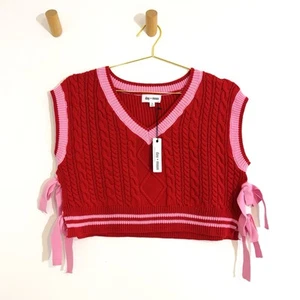 Maglione Day + Moon rosso e rosa maglia cavo boxy cropped gilet cravatta fiocco laterale nuovo con etichette S - Foto 1 di 8