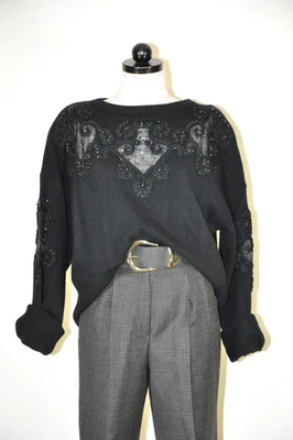 Suéter pulôver feminino de malha tamanho grande angorá lã de cordeiro preto com miçangas anos 90 G GG - Imagem 1 de 4