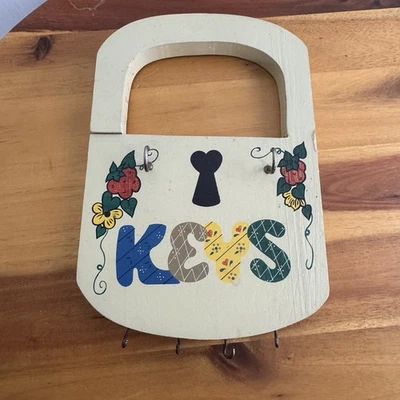 Vintage Wood Hand Painted Padlock Keys Holder Wall Decor Cottage Floral Folk Art - Image 1 of 4