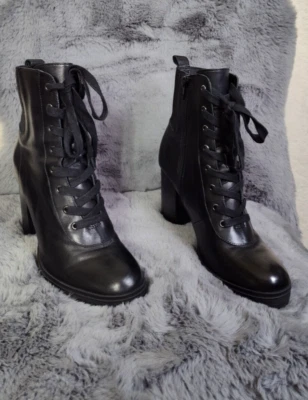 Steve Madden Women Latch Boots 10M Black Leather Lace Up Zip Up Block Heeled - Image 1 of 4