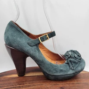 Chie Mihara Mary Jane Heels Women's 37 / 7 Blue Brown Suede Floral Retro Pumps - Picture 1 of 13