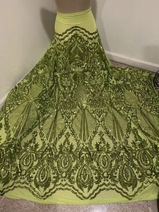Apple Green 4way stretch sequin Lace fabric 50” Width Sold By The Yard - Picture 1 of 5