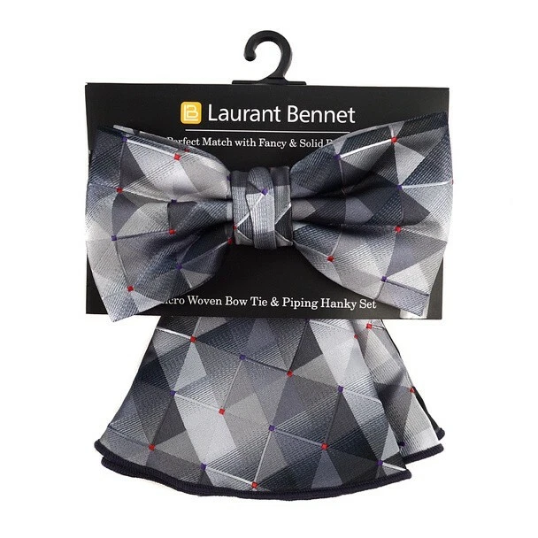 Laurant Bennet - Black Abstract Pattern Banded Bow Tie & Matching Hanky Set - Image 1 of 1