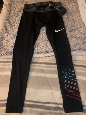 NIKE DRI FIT TRAINING PANTS Legging Boys Large Compression Pant Rainbow Logo - Image 1 of 4