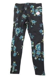 Justice Girls Leggings Blue 12 Plus Full Length Fleece Lined Pocket Flowers Logo - Picture 1 of 12