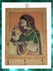 Gemstone Radha Krishna Painting/Wood Key Wall Holder W/3 Hooks - From India - Picture 1 of 7