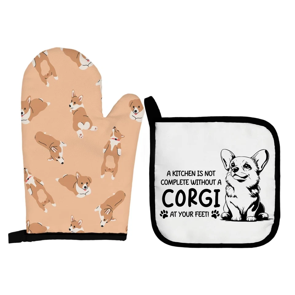 Corgi Dog Oven Mitts and Pot Holders Set - Corgi Gifts for Kitchen Decor