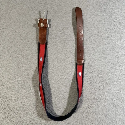Southern Tide Belt Mens 36 Red Navy Ribbon Surcingle Leather Tab Preppy Crest - Image 1 of 4