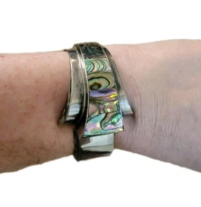 Vintage H.J.A. Pulsera abrazadera remolino abulón plata de ley México - Imagen 1 de 9