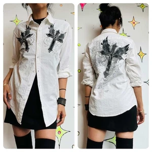 Y2K Affliction Style Tattoo Print Button-Up Black & White Long Sleeve Shirt - S - Picture 1 of 2