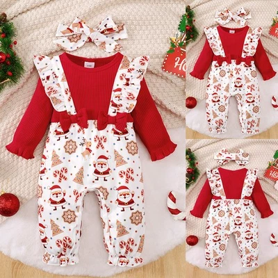 Weihnachten Strampler Babykleidung Mädchen Langarm Jumpsuit Romper mit Stirnband - Bild 1 von 4