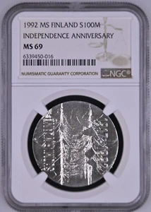 1992 MS FINLAND SILVER 100 MARKKA INDEPENDENCE ANNIVERSARY - NGC MS 69 - TOP POP - Picture 1 of 4