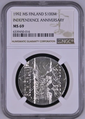 1992 MS FINLAND SILVER 100 MARKKA INDEPENDENCE ANNIVERSARY - NGC MS 69 - TOP POP - Image 1 of 4