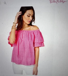 Lilly Pulitzer Frankee Off-The-Shoulder Top Neon Pink Isle Along Same Line NWT M - Picture 1 of 24