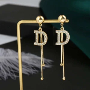 Drop Crystal Luxury Stud Earrings Dangle Ear Stud Letter D Earrings Long Tassel - Picture 1 of 8