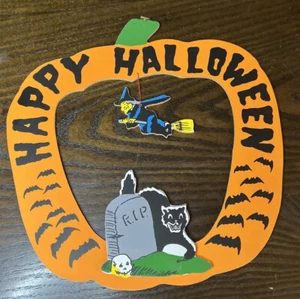 Vintage MSR Imports Wood Hanging Jack-O-Lantern Witch Cat Ghost Grave Decor 8” - Picture 1 of 4