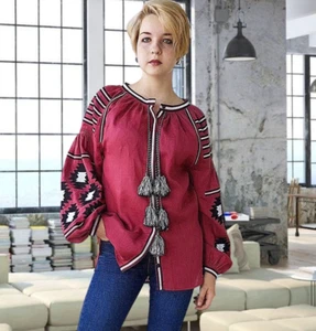Burgundy Ukrainian Vyshyvanka blouse. Authentic Ethnic Folk Bohemian Embroidered - Picture 1 of 9
